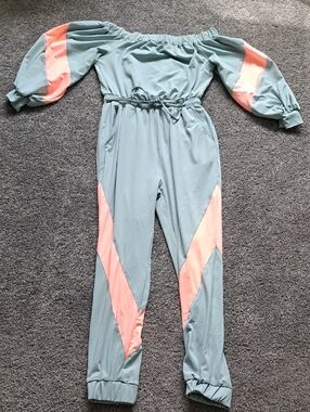 Fashion Nova Sage and Coral Off-Shoulder Colorblock Jumpsuit